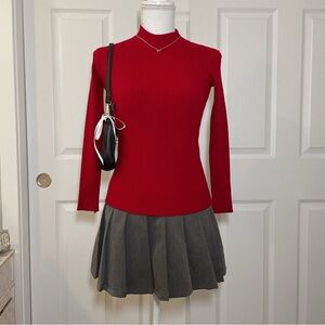 Red mock neck long sleeve ribbed top